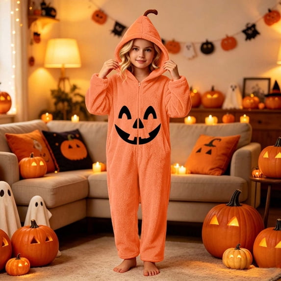 Halloween Kids' Zip‑Up Pumpkin Applique Costume, Plush Hooded Onesie, Full Zip for Easy Dressing, Roomy Fit for Party Dress‑Up, 4‑15 Years, Kids Halloween Costumes Orange a 8-9 Years