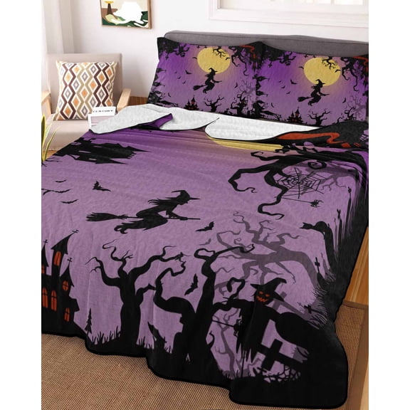Halloween King Size Down Alternative Comforter, Lightweight Comforter Quilt Bedding Set with Pillow Shams Modern Castle Witch Forest Moon Purple All Seasons Bed Comforter Duvet Insert 96"x106"
