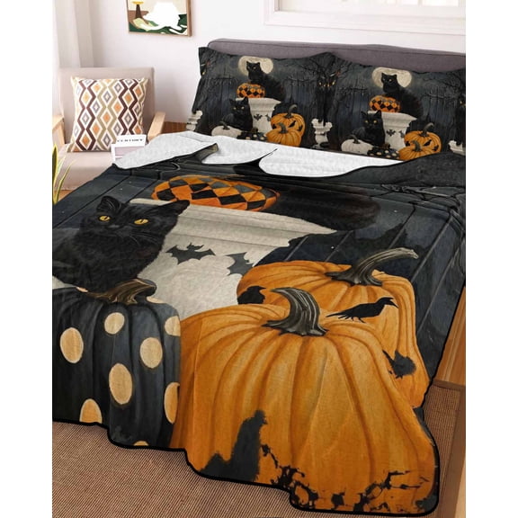 Halloween King Size Down Alternative Comforter, Lightweight Comforter Quilt Bedding Set with Pillow Shams Vintage Black Cat Pumpkin Moon Country All Seasons Bed Comforter Duvet Insert 96"x106"