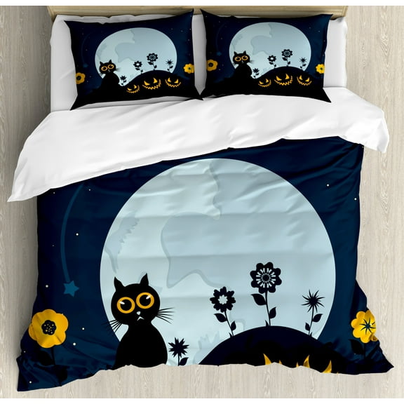 Halloween King Size Duvet Cover Set, Cute Cat and Lanterns Moon on Floral Field with Starry Night Sky Star Cartoon Art, Decorative 3 Piece Bedding Set with 2 Pillow Shams, Blue Black, by Ambesonne