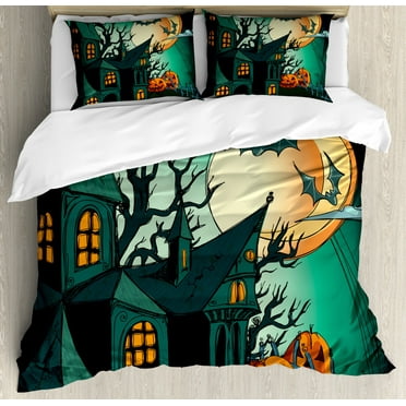Halloween King Size Duvet Cover Set, Haunted Medieval Cartoon Style Bats in Twilight Gothic Fiction Spooky Art Print, Decorative 3 Piece Bedding Set with 2 Pillow Shams, Orange Teal, by Ambesonne