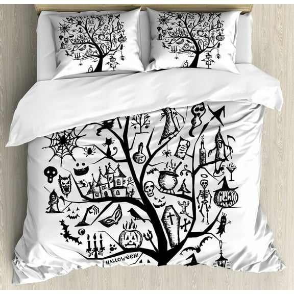 Halloween King Size Duvet Cover Set, Sketchy Spooky Tree with Spooky Design Objects and Wicked Witch Broom Abstract, Decorative 3 Piece Bedding Set with 2 Pillow Shams, Black White, by Ambesonne