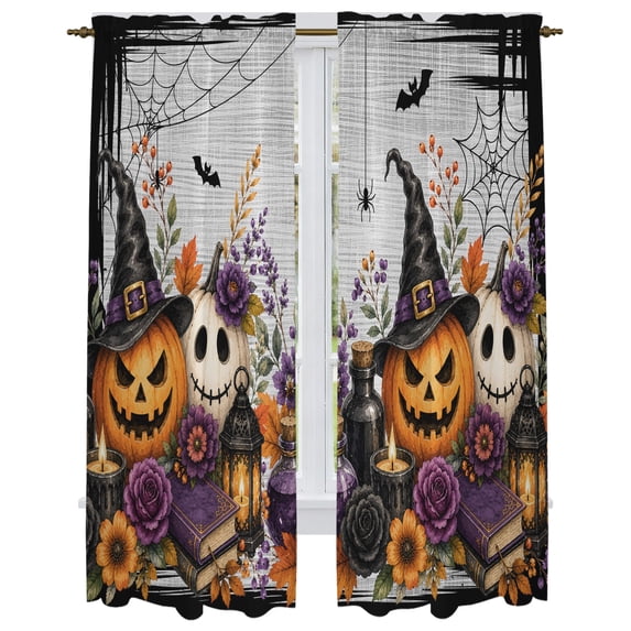 Halloween Kitchen Curtain for Berdoom Living Room Cafe 72 Inch Length, Fall Pumpkins Spooky Horror Bats Flowers Country Tiers Curtains Light Filtering Drapes Window Treatment 2 Panels 52"Wx72"L