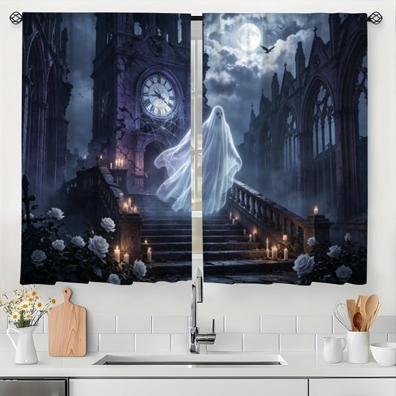 Halloween Kitchen Curtains 28x40 Inch, Gothic Ruined Clock Tower Ghost White Rose Short Window Curtain Panels, Spooky Full Moon Candle Spiderweb Rod Pocket Curtains For Kitchen Decor