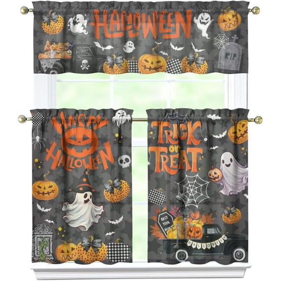 Halloween Kitchen Curtains 3 Piece Set, Orange Pumpkin and White Ghost Kitchen Curtains Set for Windows Decor. Suitable for Home Farmhouse Decor, As a Gift for Holloween Holiday.