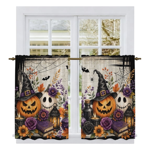 Halloween Kitchen Curtains 45" Length, Fall Spooky Wizard Pumpkin Bats Flower Retro Beige Tiers Curtains for Bathroom Bedroom Cafe, Light Filtering Small Window Treatment Drapes 2 Panels 42"Wx45"L