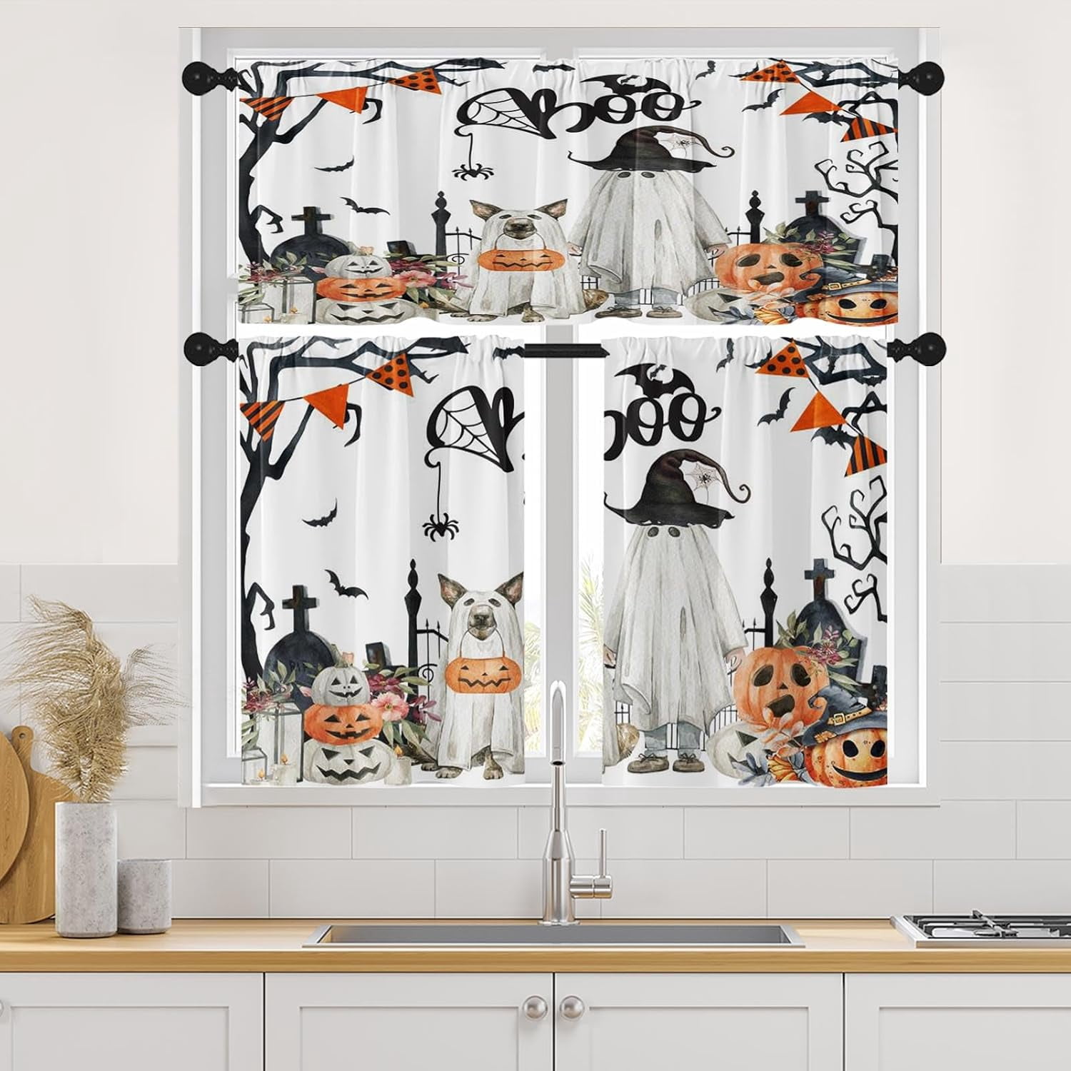 Halloween Ghost & Spider Web Kitchen Valances - 2 Pack, Blackout Polyester, 52x16 Inches - Perfect For Kitchen & Bedroom Windows