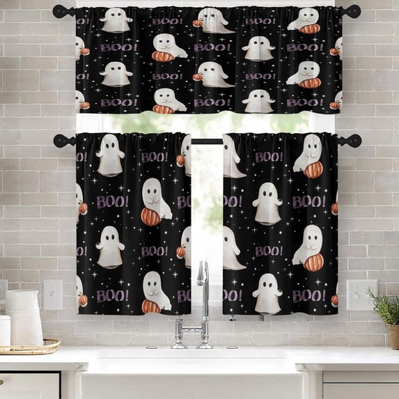 Halloween Kitchen Curtains Cute Ghost Window Curtains Valance and Tier Set 36 Inch, Pumpkin Vintage Black Rod Pocket Short Tier Curtain for Room, Spooky Boo Funny Small Cafe Kitchen Decor