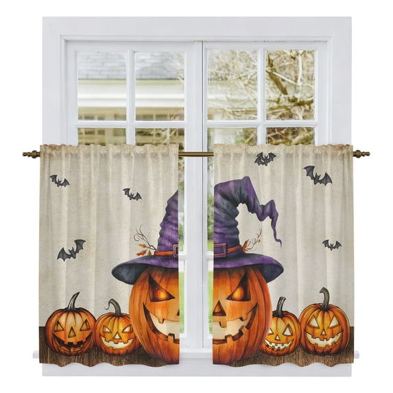 Halloween Kitchen Curtains, Orange Fall Pumpkin Witch Hat Bat Beige Light Filtering Window Curtain Panels, 2Pcs Rod Pocket Window Treatments Set for RV Dining Room Study Room 42x45 Inches