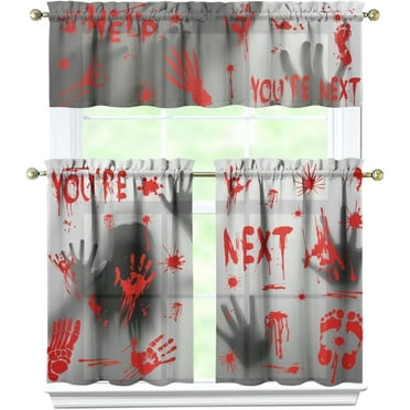 Halloween Kitchen Curtains Set for Windows, Horror Atmosphere Bloody Handprints Halloween Kitchen Curtains 3 Piece Decor. Suitable for Home Farmhouse Style, As a Gift for Holloween Holiday.