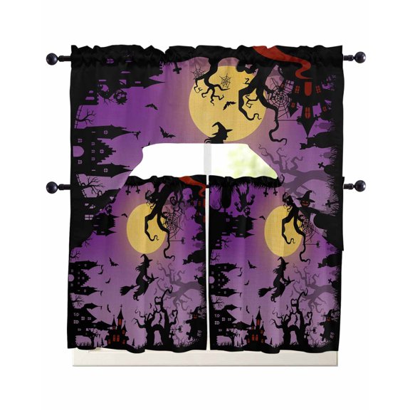 Halloween Kitchen Curtains Sets 24 Inch Length with Valance, Modern Castle Witch Forest Moon Purple Swag Valances and Tiers Curtain Set Drapes Swag Curtains for Living Room, Bathroom, Bedroom, Cafe