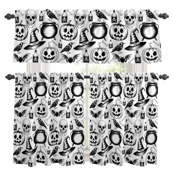 Halloween Kitchen Curtains Sets for Windows 24 Inch Length, Black White Pumpkin Horror Skull Bones Rod Pocket Window Treatments Tier Curtains and Valances Set for Bedroom/Bathroom