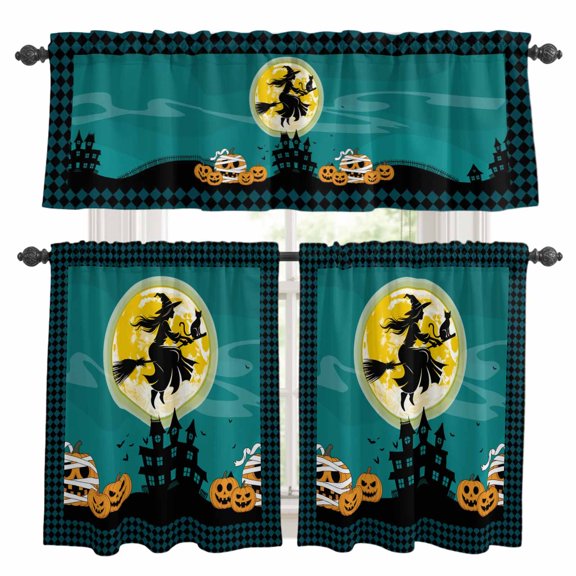 Halloween Kitchen Curtains Sets for Windows 24 Inch Length, Broom Riding Black Witch Cat Green Plaid Pumpkin Rod Pocket Window Treatments Tier Curtains and Valances Set for Bedroom/Bathroom