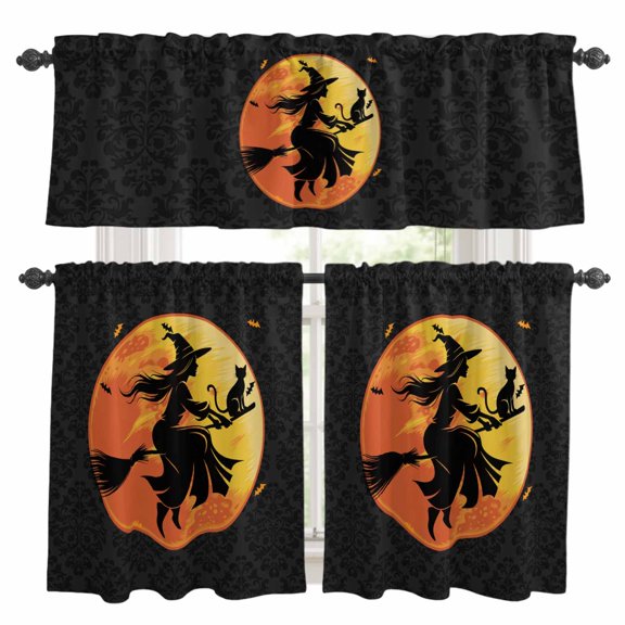 Halloween Kitchen Curtains Sets for Windows 24 Inch Length, Broom Riding Black Witch Cat Orange Fall Moon Rod Pocket Window Treatments Tier Curtains and Valances Set for Bedroom/Bathroom