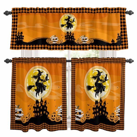 Halloween Kitchen Curtains Sets for Windows 24 Inch Length, Broom Riding Witch Cat Orange Plaid Pumpkin Rod Pocket Window Treatments Tier Curtains and Valances Set for Bedroom/Bathroom