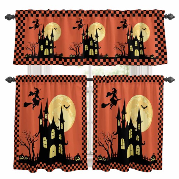 Halloween Kitchen Curtains Sets for Windows 24 Inch Length, Orange Horror Castle Evil Witch Full Moon Night Rod Pocket Window Treatments Tier Curtains and Valances Set for Bedroom/Bathroom