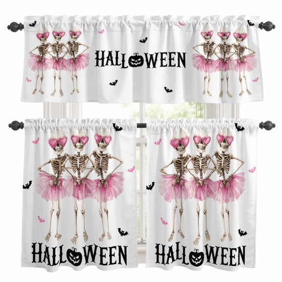 Halloween Kitchen Curtains Sets for Windows 24 Inch Length, Pink Ballet Skull Bat Rod Pocket Window Treatments Tier Curtains and Valances Set for Bedroom/Bathroom