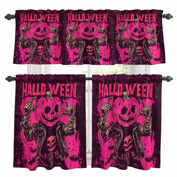 Halloween Kitchen Curtains Sets for Windows 24 Inch Length, Pink Pumpkins Skull Watercolor Rod Pocket Window Treatments Tier Curtains and Valances Set for Bedroom/Bathroom