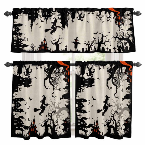 Halloween Kitchen Curtains Sets for Windows 24 Inch Length, Scary Cartoon Castle Forest Trees Retro Rod Pocket Window Treatments Tier Curtains and Valances Set for Bedroom/Bathroom