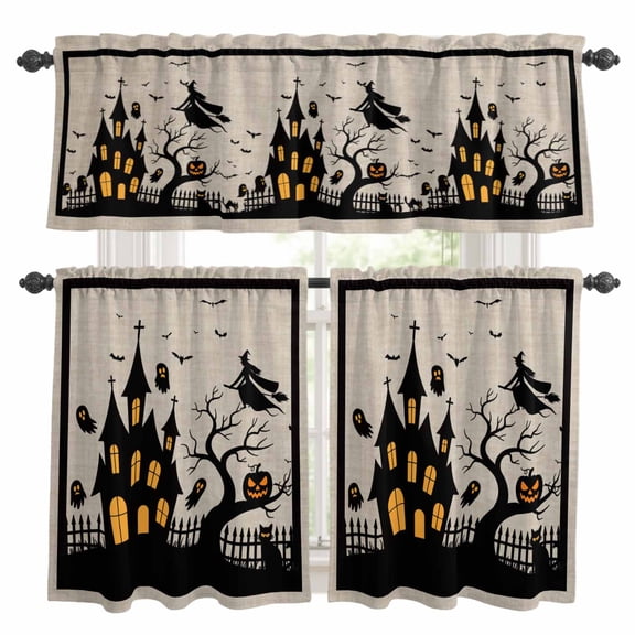 Halloween Kitchen Curtains Sets for Windows 36 Inch Length, Black Pumpkin Ghost Castle Witch Rod Pocket Window Treatments Tier Curtains and Valances Set for Bedroom/Bathroom