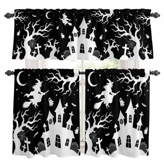 Halloween Kitchen Curtains Sets for Windows 36 Inch Length, Black White Ghost Castle Moon Witch Cartoon Rod Pocket Window Treatments Tier Curtains and Valances Set for Bedroom/Bathroom