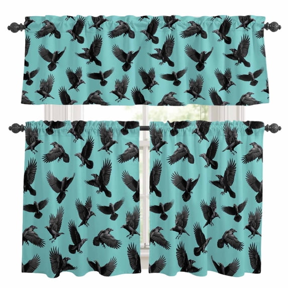 Halloween Kitchen Curtains Sets for Windows 36 Inch Length, Blue Black Animal Crow Fall Holiday Rod Pocket Window Treatments Tier Curtains and Valances Set for Bedroom/Bathroom