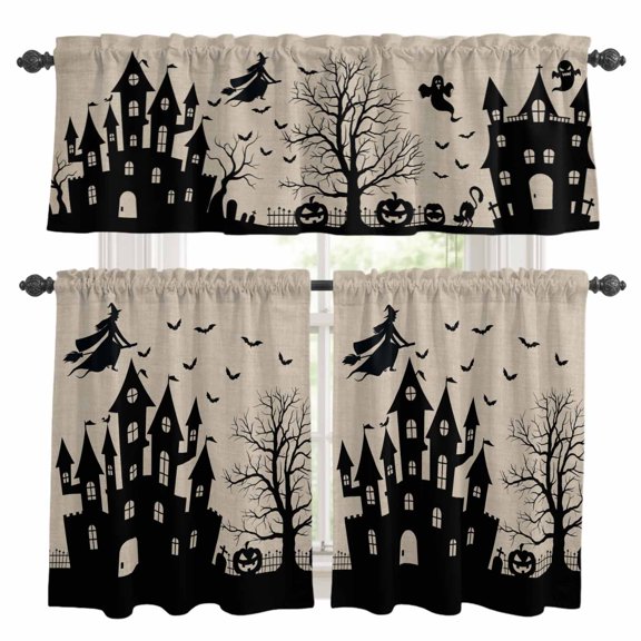 Halloween Kitchen Curtains Sets for Windows 36 Inch Length, Horror Pumpkins Halloween Witch Bat Castle Rod Pocket Window Treatments Tier Curtains and Valances Set for Bedroom/Bathroom