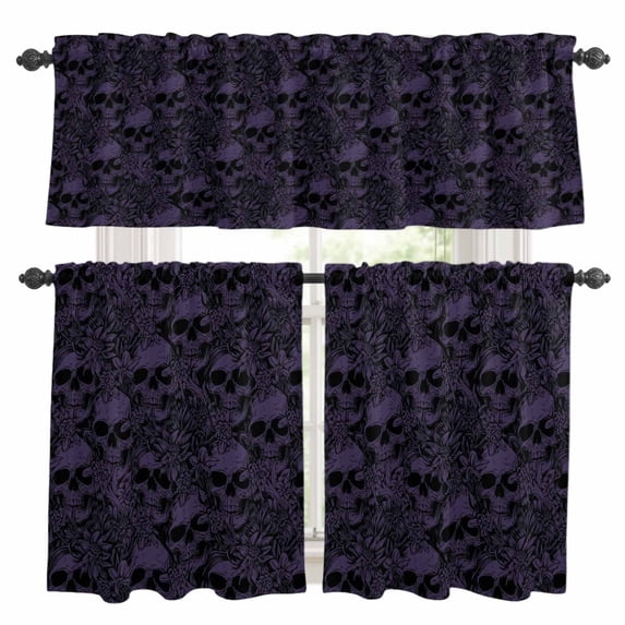 Halloween Kitchen Curtains Sets for Windows 36 Inch Length, Purple Skull Monochrome Watercolor Rod Pocket Window Treatments Tier Curtains and Valances Set for Bedroom/Bathroom