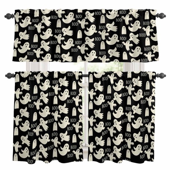 Halloween Kitchen Curtains Sets for Windows 36 Inch Length, White Scary Ghosts Horror Vintage Black Rod Pocket Window Treatments Tier Curtains and Valances Set for Bedroom/Bathroom