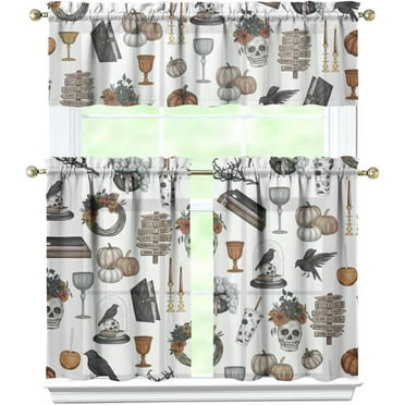 Halloween Kitchen Curtains Spooky Skeleton Gothic Kitchen Curtains Sets for Windows Halloween Window Valance 3 Piece Set for Kitchen Decorations