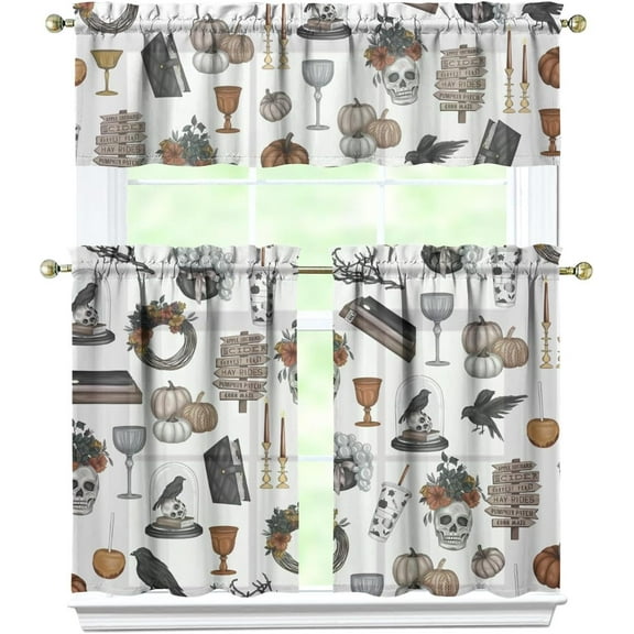 Halloween Kitchen Curtains Spooky Skeleton Gothic Kitchen Curtains Sets for Windows Halloween Window Valance 3 Piece Set for Kitchen Decorations