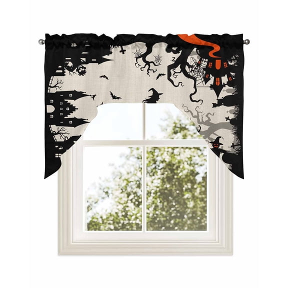 Halloween Kitchen Curtains Swag Valance for Windows/Bathroom/Cafe, Scary Cartoon Castle Forest Trees Retro Rod Pocket Drape Panel Swag Curtains Valance for Bedroom/Living Room 56"x36"