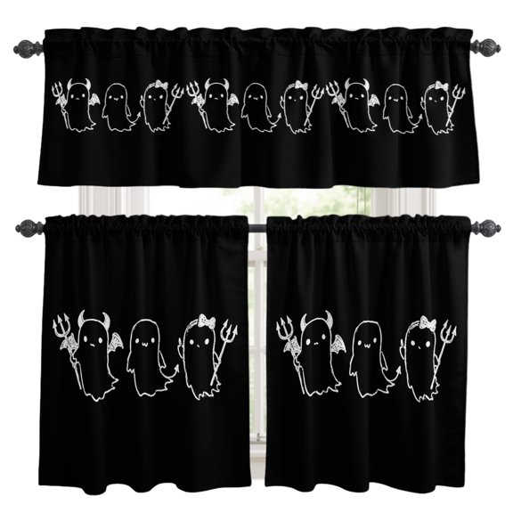 Halloween Kitchen Curtains Valances 3 Piece Set, Black Cartoon Line Spooky Devil Ghosts Minimalist Rod Pocket Tier Curtain and Valance Drapes for Small Window 24 Inch Length for Bedroom Cafe