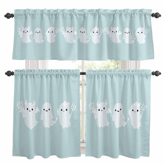 Halloween Kitchen Curtains Valances 3 Piece Set, Blue Cartoon Line Spooky Devil Ghosts Minimalist Rod Pocket Tier Curtain and Valance Drapes for Small Window 24 Inch Length for Bedroom Cafe