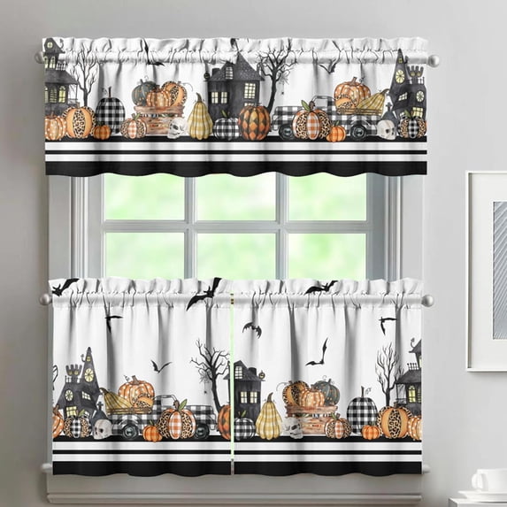 Halloween Kitchen Curtains and Valances 3-Piece Set, Pumpkin Bat Skull Halloween Kitchen Decor, Horror Halloween Kitchen Curtains and Valances Short Curtain Set for Kitchen Bedroom Decor 24Inch