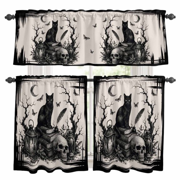 Halloween Kitchen Curtains and Valances Set, Ink Black Cat Goth Skull Dark Academia Mystical Study Rod Pocket Window Valance Window Curtain Panels for Living Room Bedroom Laundry, 27.5x24in, 3 Pieces