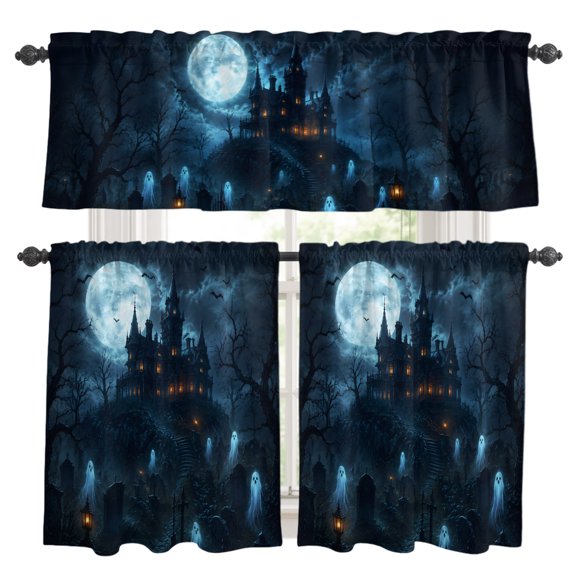 Halloween Kitchen Curtains and Valances Set, Night Cemetery Ghost Horror Scene Foggy Castle Rod Pocket Window Valance Window Curtain Panels for Living Room Bedroom Laundry, 27.5x24in, 3 Pieces
