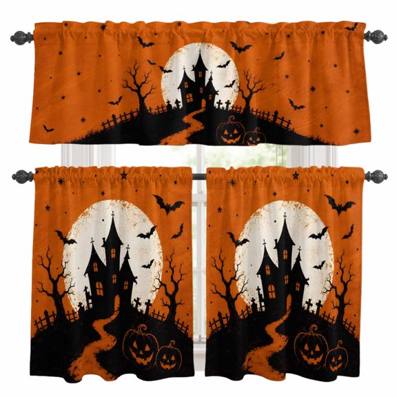 Halloween Kitchen Curtains and Valances Set, Orange Black Horror Moon Scene Haunted House Graves Rod Pocket Window Valance Window Curtain Panels for Living Room Bedroom Laundry, 27.5x36in, 3 Pieces