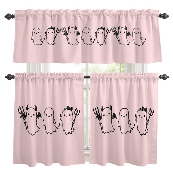 Halloween Kitchen Curtains and Valances Set, Pink Cartoon Line Spooky Devil Ghosts Minimalist Rod Pocket Window Valance Window Curtain Panels for Living Room Bedroom Laundry, 27.5x24in, 3 Pieces