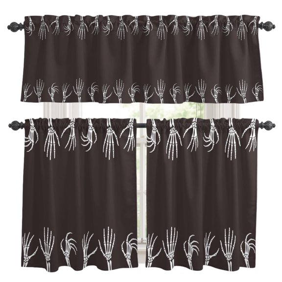 Halloween Kitchen Curtains and Valances Set, Playful White Horror Spooky Skeleton Hands Brown Background Rod Pocket Window Valance Window Curtain Panels for Living Room Bedroom, 27.5x24in, 3 Pieces
