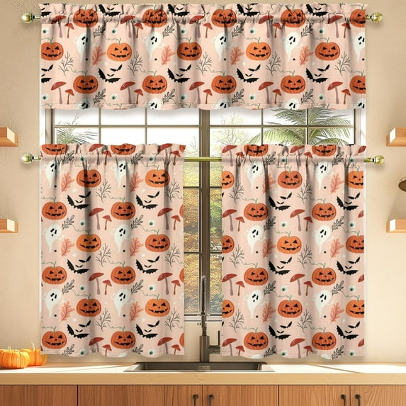 Halloween Kitchen Curtains Valances and Tiers 3 Piece Set,Gothic Pink Pumpkin Ghost Mushroom Rod Pocket Short Kitchen Tier Cafe Curtain over Sink Window for Farmhouse Fall Thanksgiving Decor 36 Inch