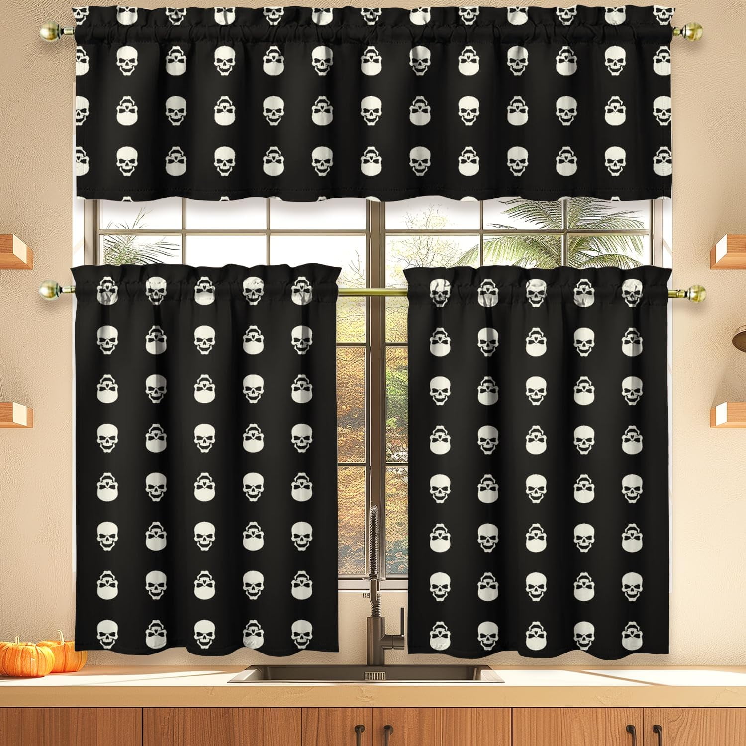 Halloween Kitchen Curtains Valances and Tiers 3 Piece Set,Gothic Skull ...