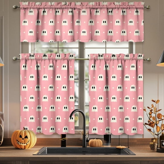 Halloween Kitchen Curtains Valances and Tiers 3 Piece Set,Pink Polka Dots Spooky Ghost Rod Pocket Short Kitchen Tier Curtain Over Sink Window,Farmhouse Cafe Curtains for Kitchen Decor 36 Inch