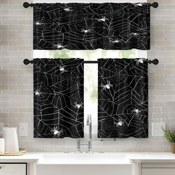 Halloween Kitchen Curtains Vintage Black Window Curtains Valance and Tier Set 36 Inch, Scary Spider Rod Pocket Short Tier Curtain for Room, Nightmare Small Cafe Kitchen Decor