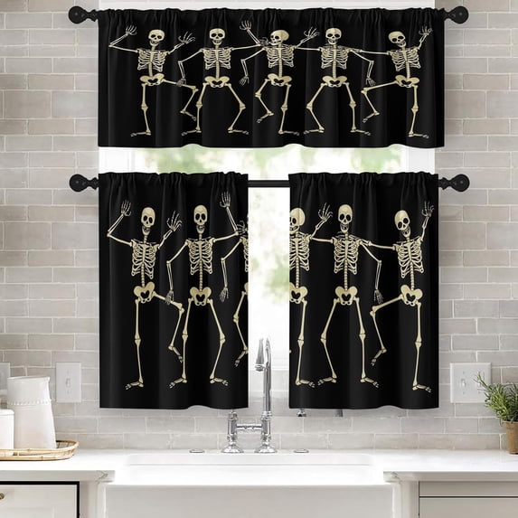 Halloween Kitchen Curtains Window Curtains and Valances Set 24 Inch, Dancing Skeletons on Black Background Short Tier Curtain for Kitchen, October Small Kitchen Decor