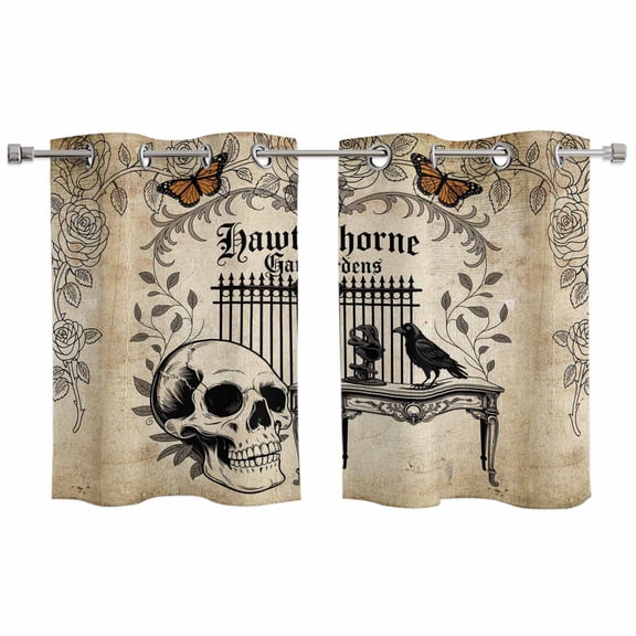 Halloween Kitchen Curtains Window Panels, Horror Skeletons Skull Black Crows Butterfly Insulated Window Treatment Curtain, Grommet Curtains for Bedroom/Living Room/Bathroom, 2 Piece 27.5"Wx39"L