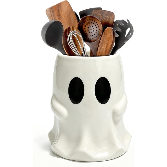 Halloween Kitchen Decor, Ceramic Halloween Ghost Utensil Holder | Versatile Organizer for Spoons, Ladles, Home Party Decor, Easy Clean Glazed Finish 2PCS