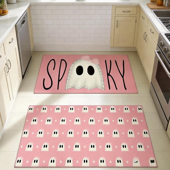 Halloween Kitchen Decor Rugs Set of 2,Non-Slip Floor Mats for Halloween Home Decor Indoor - 16x24 & 16x47 Inch (K)