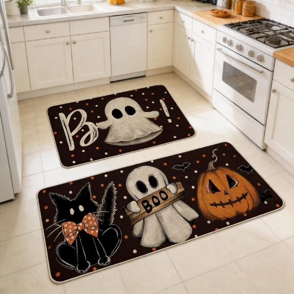 Halloween Kitchen Decor Rugs Set of 2,Non-Slip Floor Mats for Halloween Home Decor Indoor - 16x24 & 16x47 Inch (L)