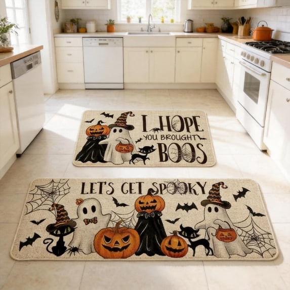 Halloween Kitchen Decor Rugs Set of 2,Non-Slip Floor Mats for Halloween Home Decor Indoor - 16x24 & 16x47 Inch (N)